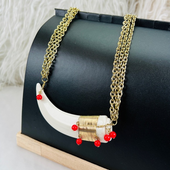 Bohemian chic goldtone wire wrapped faux ivory tooth, 3 chainnecklace
